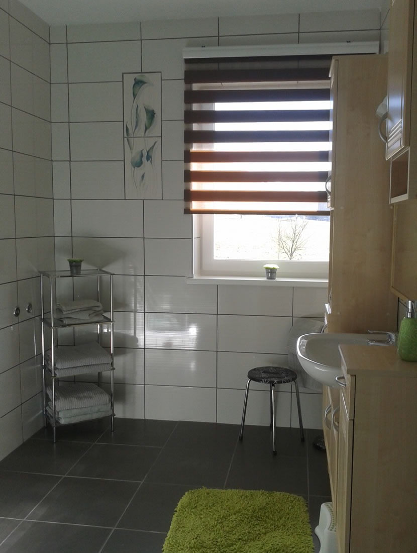 Badezimmer mit Dusche und Waschbecken